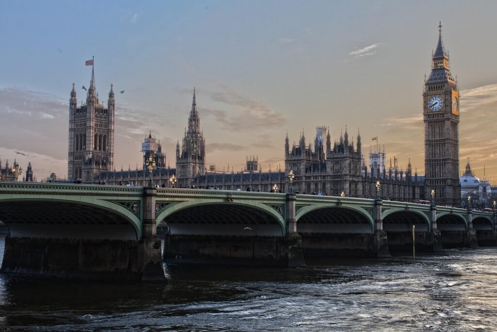 Palace of Westminster and Big Ben at sunset, central to UK Immigration Rule debates and government decisions.