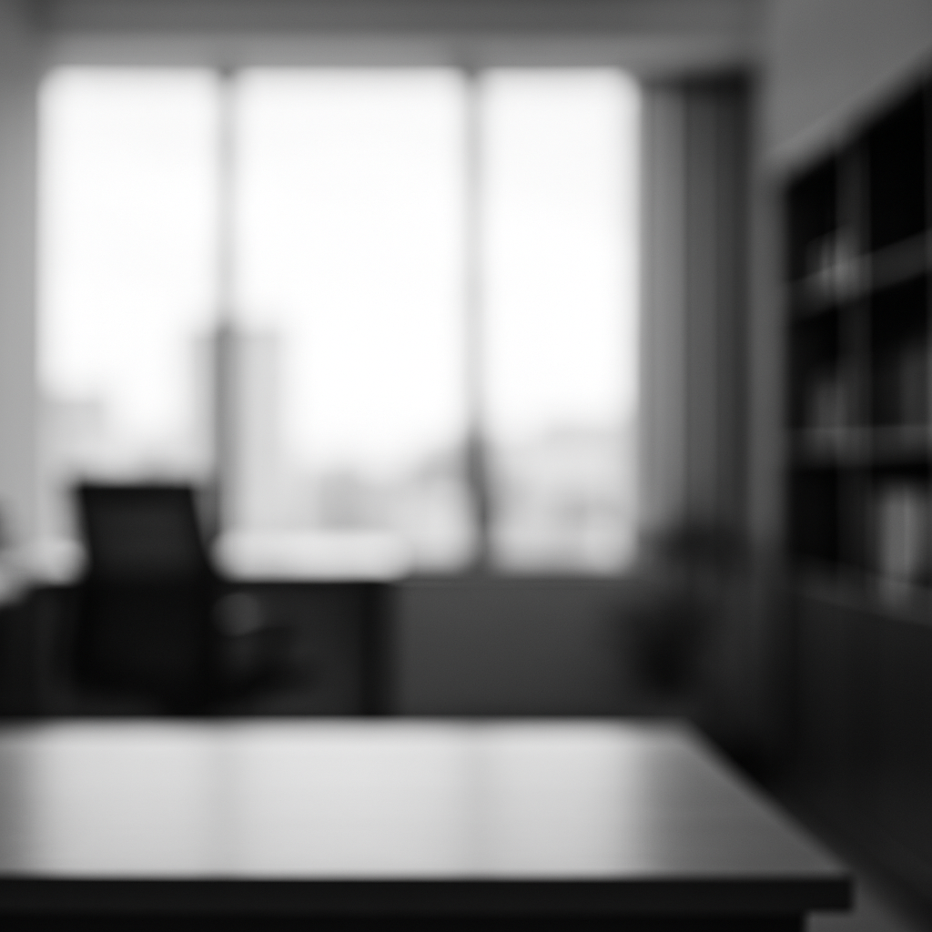 Black and white blurred office desk and window background used for a legal blog about employer liability for workplace assaults.
