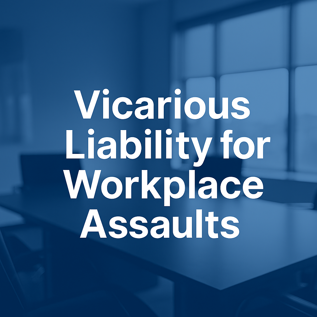 Minimal office background in blue and white with legal blog title on employer liability for workplace assaults.