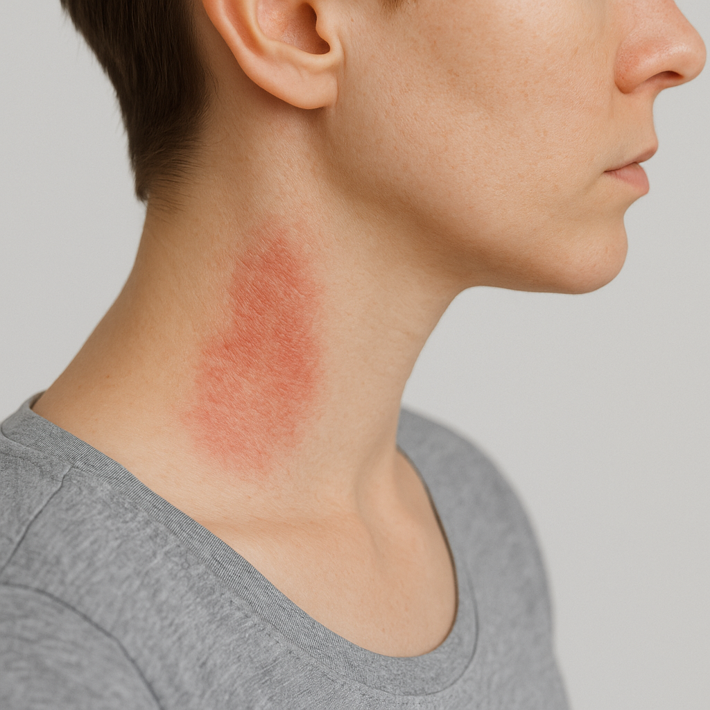 Side profile of a person showing a red laser burn on the neck after a beauty treatment, relevant to laser burn claims.