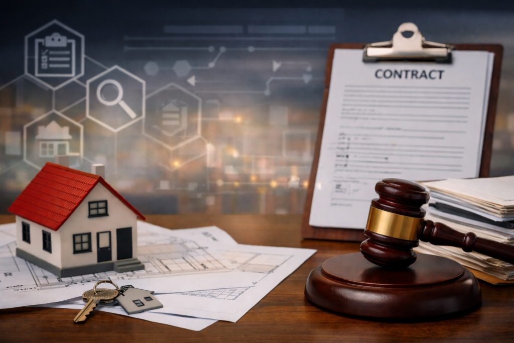 Conveyancing documents, property plans, keys, and legal paperwork representing upfront property information requirements