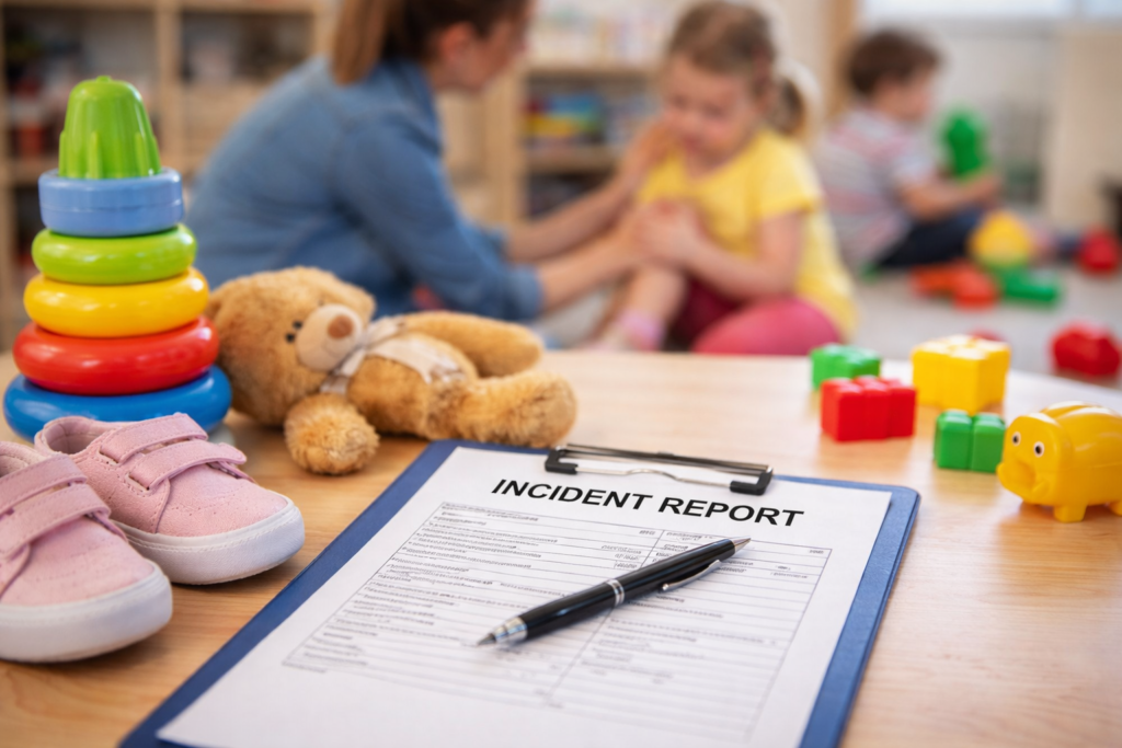 Incident report form and nursery toys representing legal guidance after a child injured at nursery.