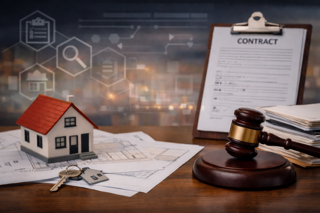 House model, keys, legal documents, and gavel representing estate rentcharges in UK conveyancing
