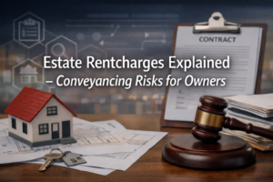Estate rentcharges explained with conveyancing documents, house model, and legal symbols