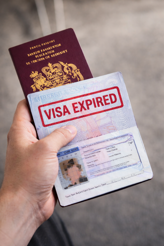 Expired UK visa shown inside a passport, illustrating a UK visa overstay situation