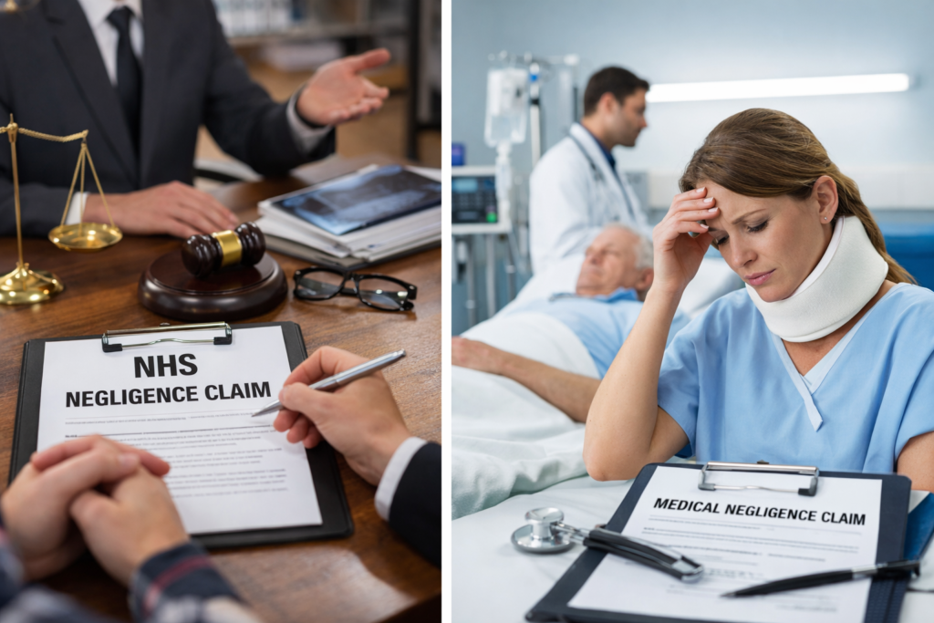 Legal consultation discussing an NHS negligence claim alongside a patient experiencing medical harm in a hospital setting