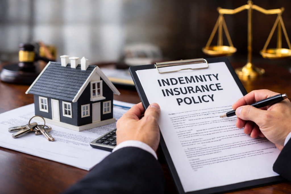 Indemnity insurance policy used in conveyancing alongside property documents and house keys.