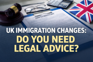 UK immigration changes illustrated with legal documents, gavel, and British flag on a professional desk.