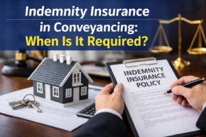 Indemnity insurance in conveyancing illustrated by property documents, house model, and legal paperwork.