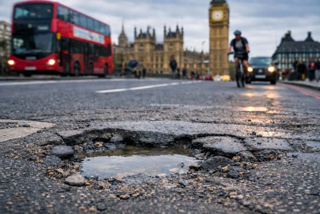 Pothole on a London road highlighting the risk leading to pothole compensation claims.