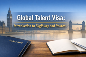 Global talent visa introduction showing UK landmarks and passport imagery highlighting eligibility and routes.