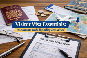 Visitor visa essentials displayed with UK passport, visa application documents, and travel paperwork.