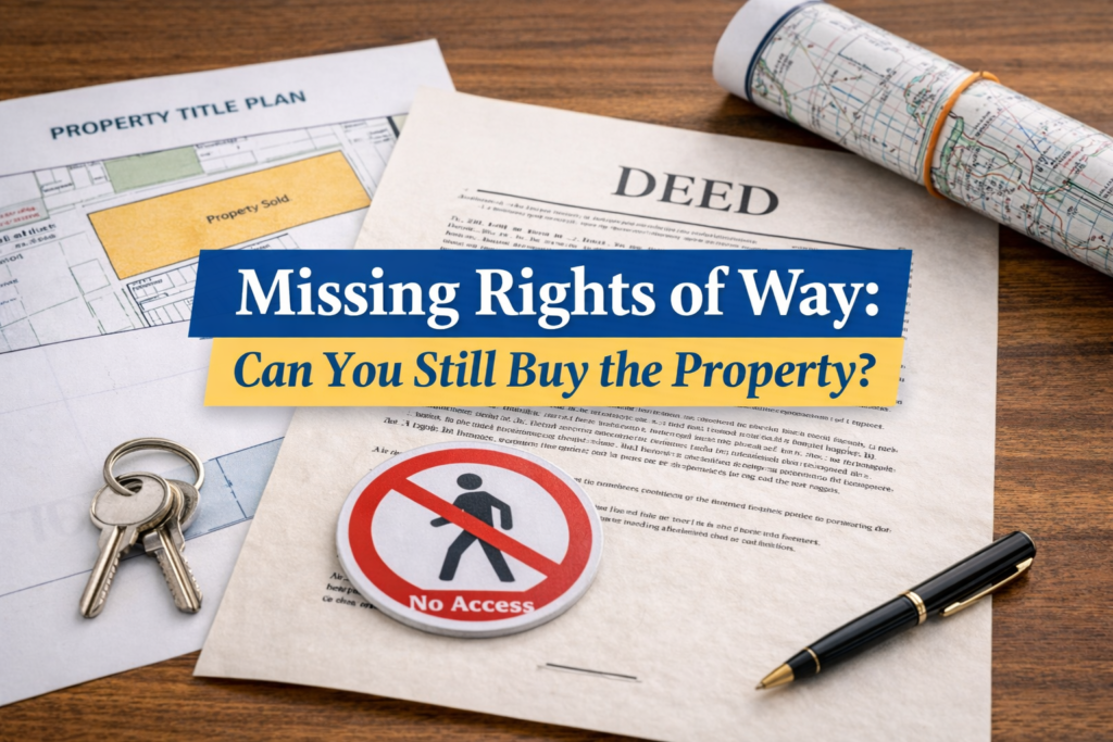 Missing rights of way shown by property deed, title plan, and no access symbol indicating access issues in conveyancing.