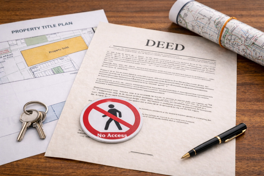 Missing rights of way concept with property deed, title plan, and access restriction sign in conveyancing context.