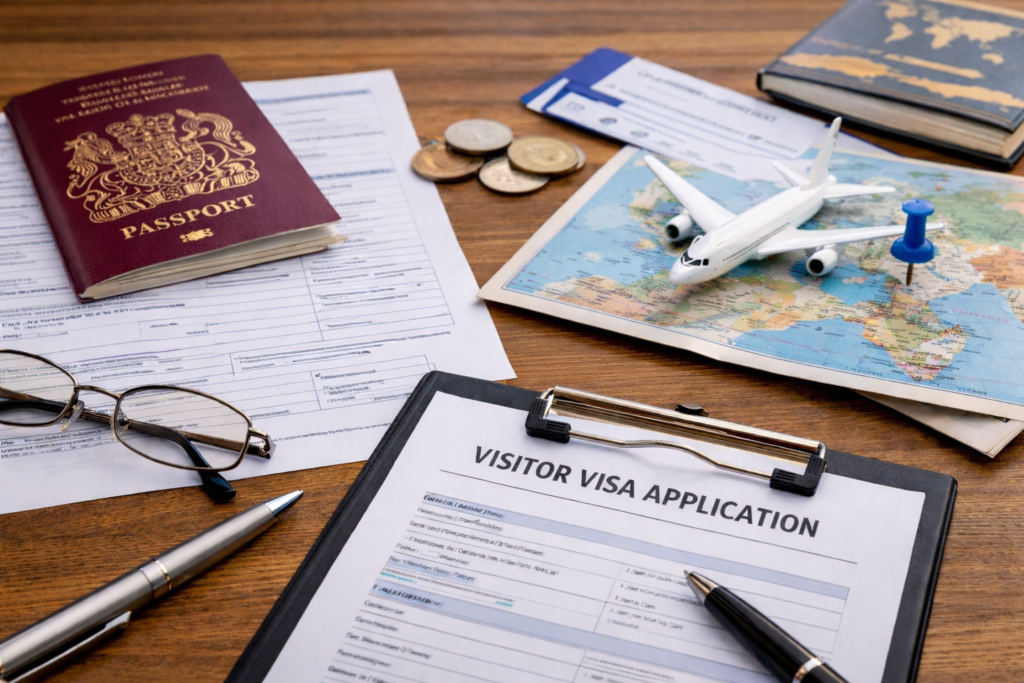 Visitor visa essentials represented by UK passport, travel documents, and visa application materials on a desk.