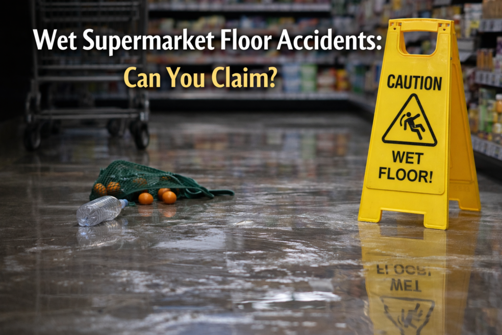Wet supermarket floor accidents shown by a caution sign and spilled groceries on a slippery shop floor.