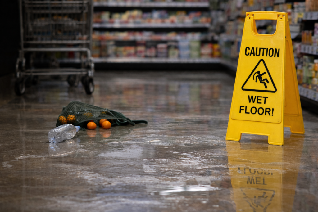 Wet supermarket floor accidents hazard with puddle, fallen items, and caution sign inside a supermarket.