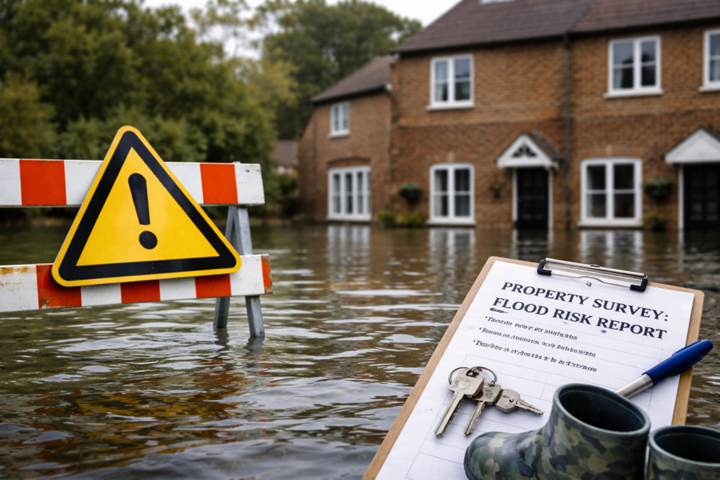 Flood risk property image with submerged homes and warning sign illustrating flood risk property buying guide