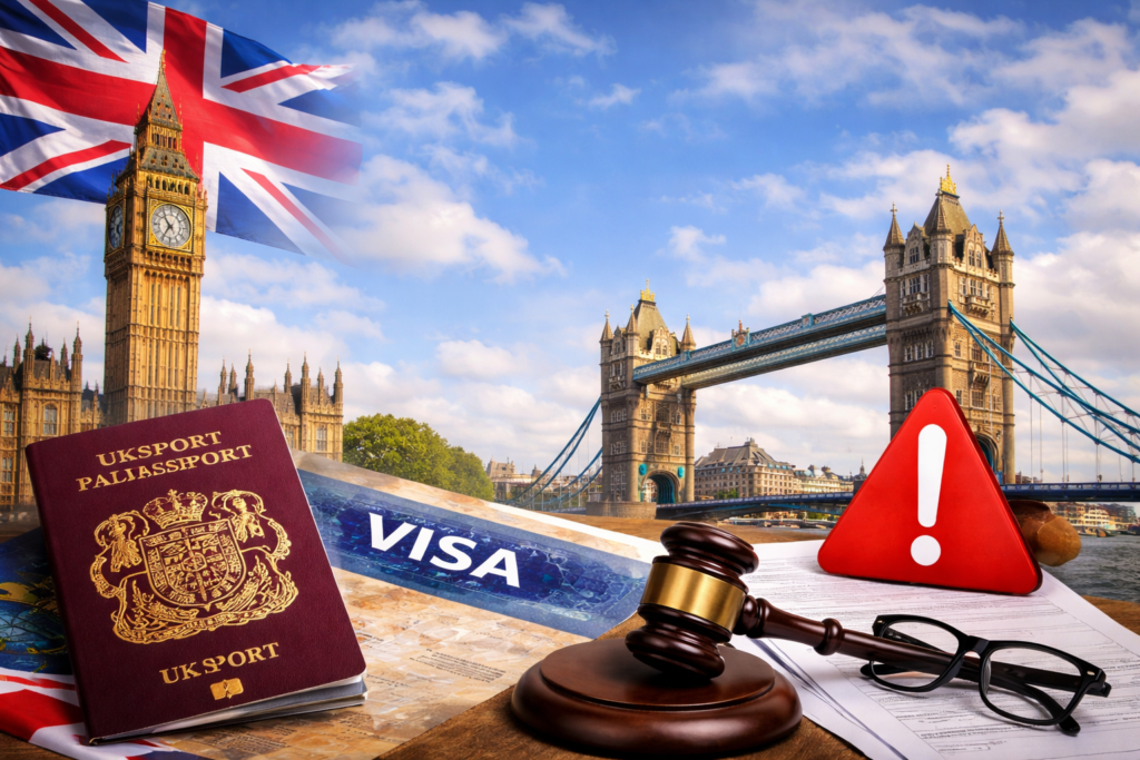 Switching Visa UK concept image with UK passport, visa paperwork, legal gavel and London landmarks in background