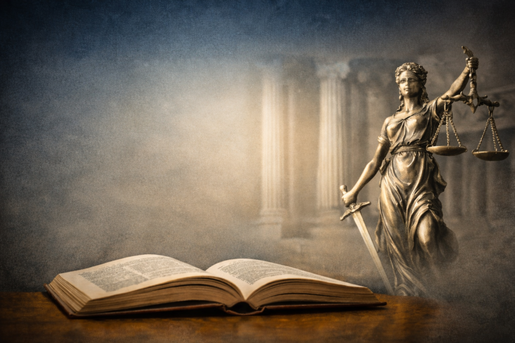 Duty of care concept shown by Lady Justice statue and open law book in legal setting.