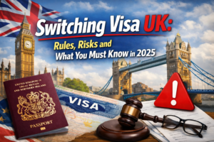 Switching Visa UK graphic showing UK passport, visa documents, London landmarks and immigration rules concept for 2025