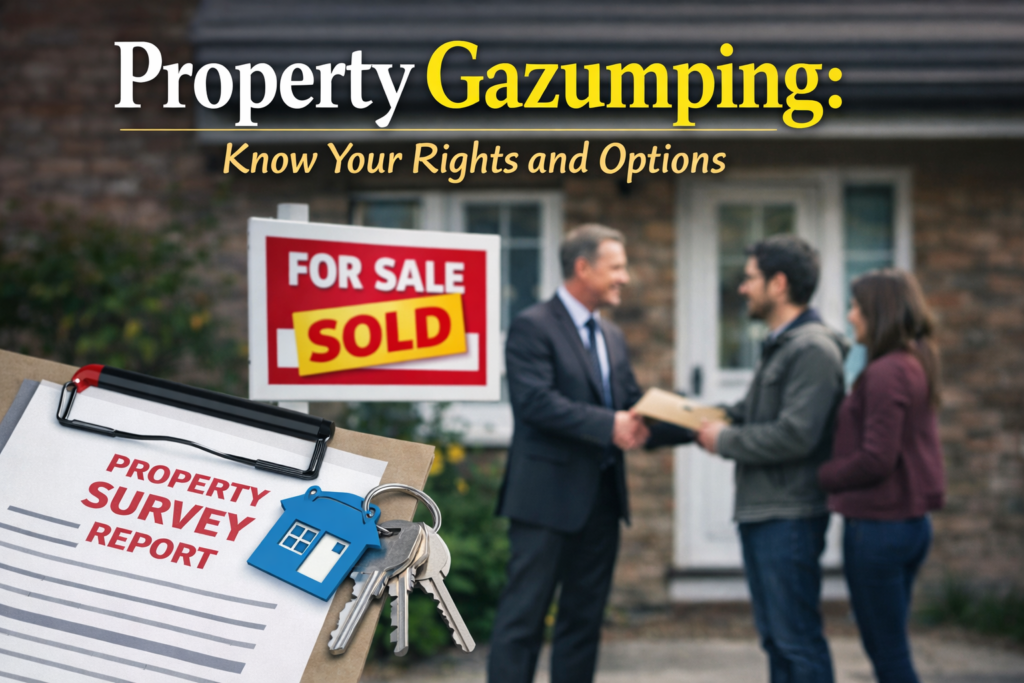 Property gazumping in UK property market showing sold sign, house, and conveyancing documents