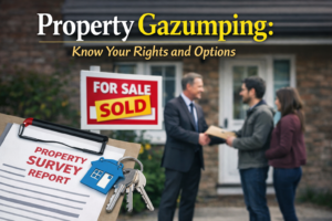 Property gazumping in UK property market showing sold sign, house, and conveyancing documents