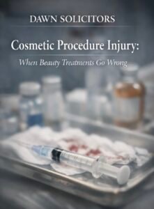 Cosmetic procedure injury claim — legal scales and syringe illustration, Dawn Solicitors UK