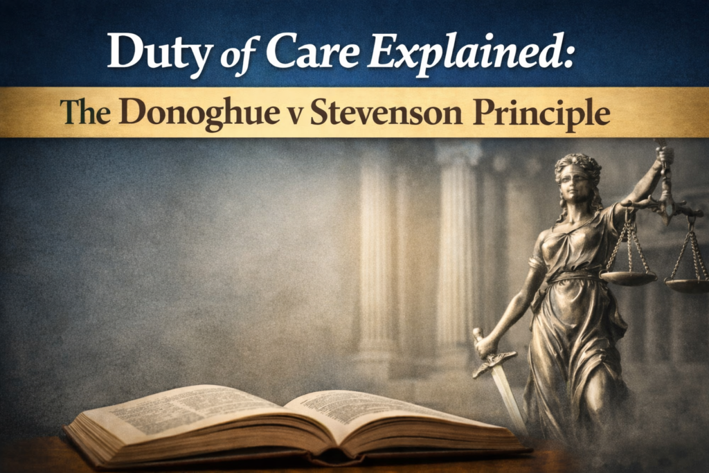 Duty of care legal principle illustrated by Lady Justice statue and law book with title overlay.