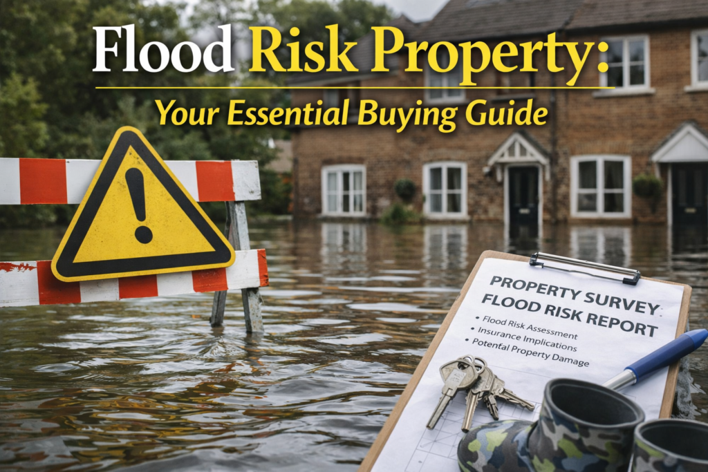 Flood risk property with submerged house and warning sign showing impact of flooding on residential homes