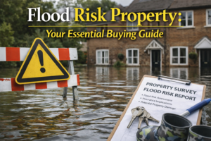 Flood risk property with submerged house and warning sign showing impact of flooding on residential homes