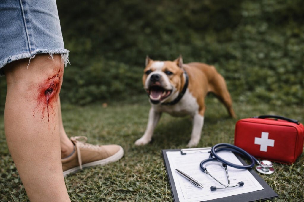 Dog bite injury on leg with visible wound and first aid kit in background