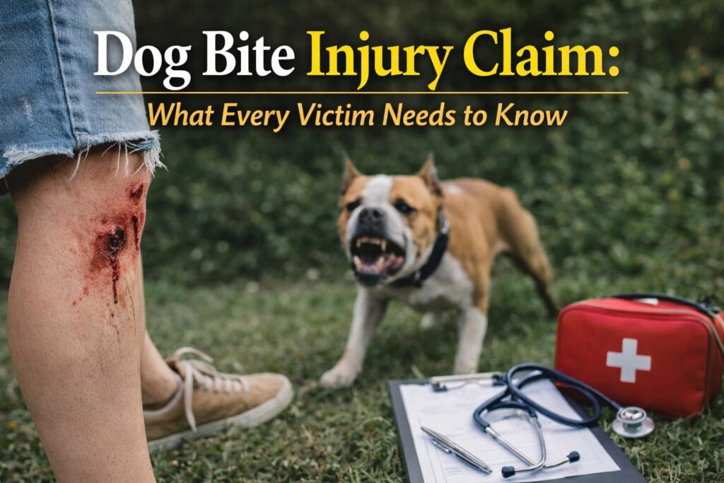 Dog bite injury on leg with aggressive dog and medical kit, illustrating dog bite injury claim