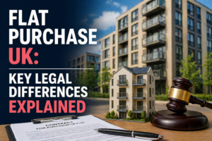 Flat purchase UK legal differences explained with apartment model, contract, and property law setup.