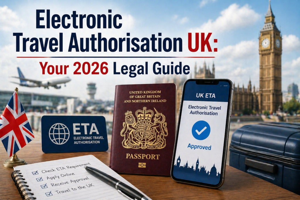 Electronic Travel Authorisation UK travel guide shown with passport, phone, and airport background
