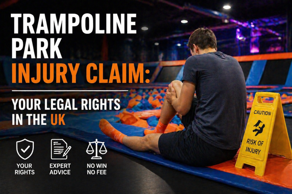 Trampoline park injury claim UK image showing injured person and caution sign in trampoline park