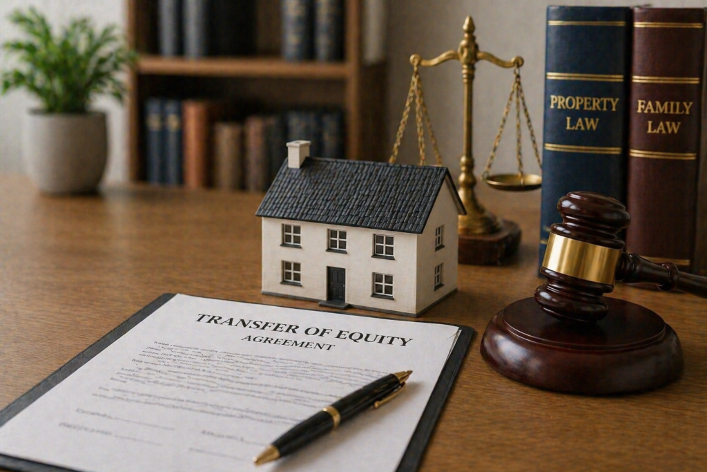 Transfer of equity UK concept with agreement document, house model, and legal symbols on desk