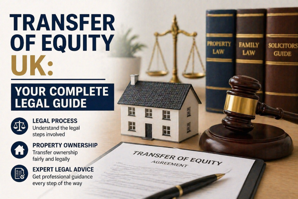 Transfer of equity UK legal guide image showing house model, gavel, and property law documents