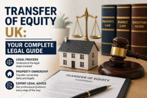 Transfer of equity UK legal guide image showing house model, gavel, and property law documents