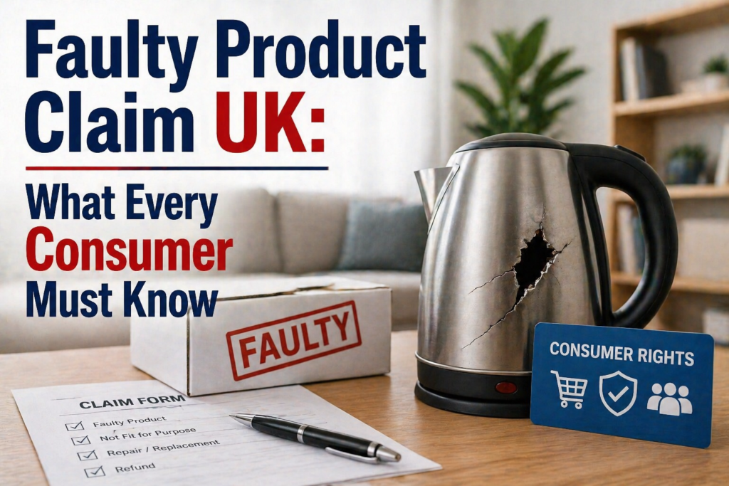 Faulty product claim UK image showing damaged appliance and consumer claim concept