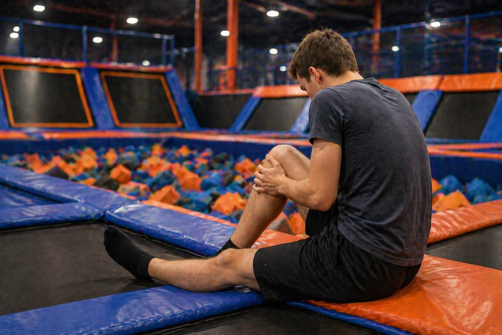 Trampoline park injury claim scene with person holding injured knee in indoor trampoline park