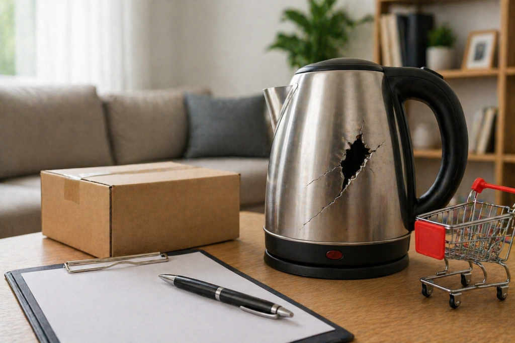 Faulty product claim concept with broken kettle, packaging box, and consumer complaint setup