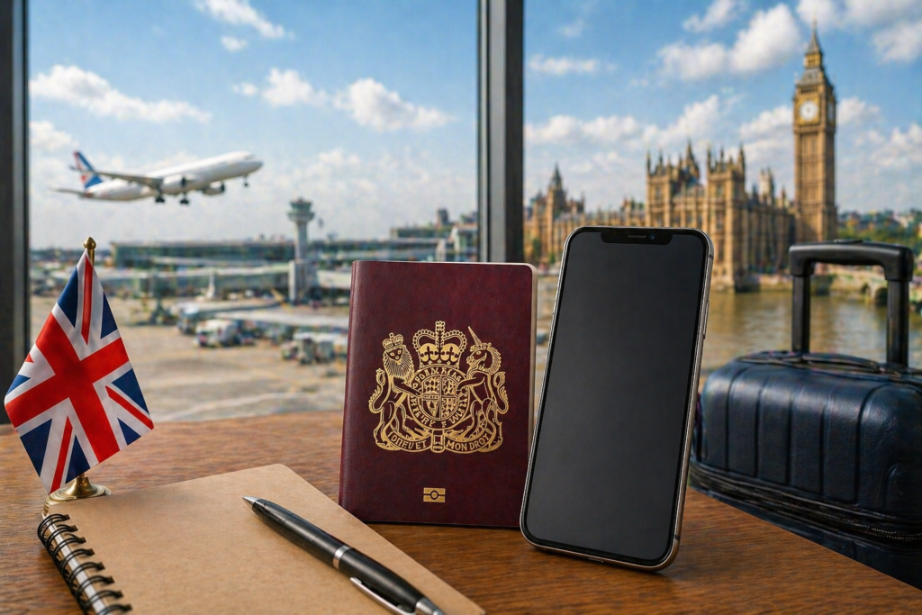 Electronic Travel Authorisation concept with UK passport, smartphone, and airport scene