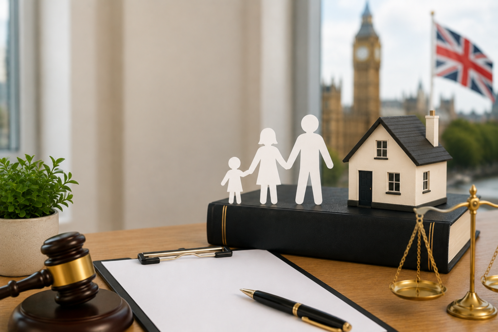 7 year child rule UK concept with family figures, house model, and legal documents on desk