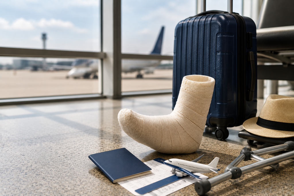 Tourist injury claim UK concept with suitcase, passport, crutches, and foot cast at airport