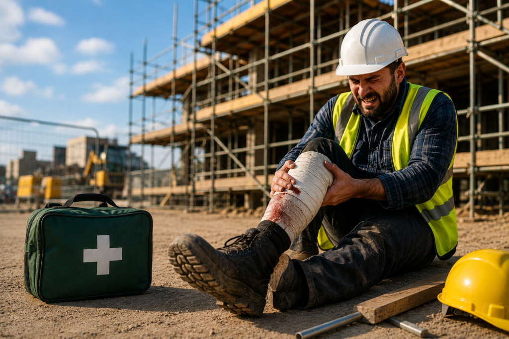 Scaffold injury claim UK scene with construction worker holding injured leg at scaffolding site
