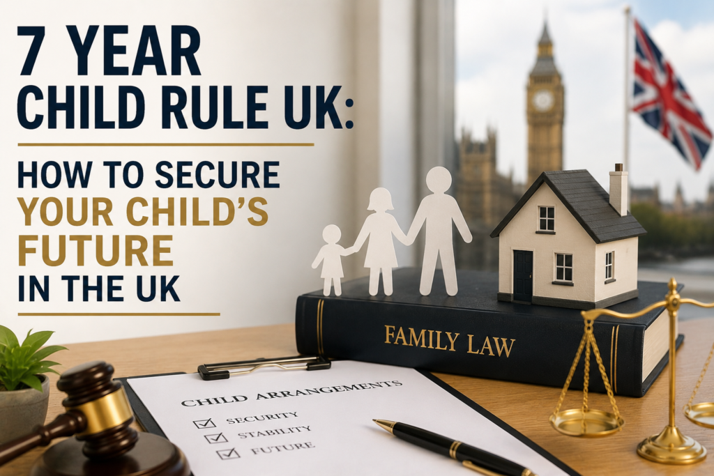 7 year child rule UK legal guide image showing family model, house, and family law setup