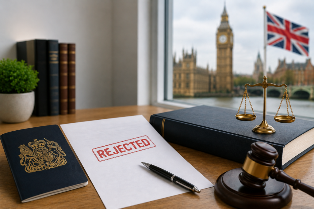 Skilled worker visa rejection UK concept with passport, rejected application document, and legal symbols