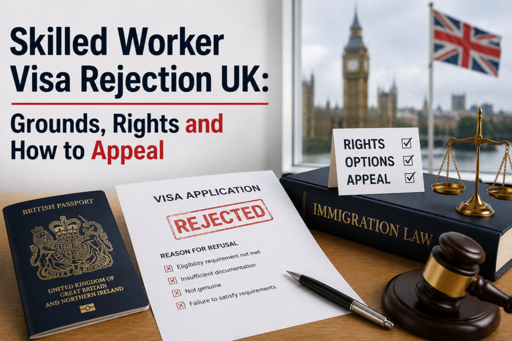 Skilled worker visa rejection UK image showing rejected visa application, passport, and legal appeal concept