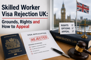 Skilled worker visa rejection UK image showing rejected visa application, passport, and legal appeal concept